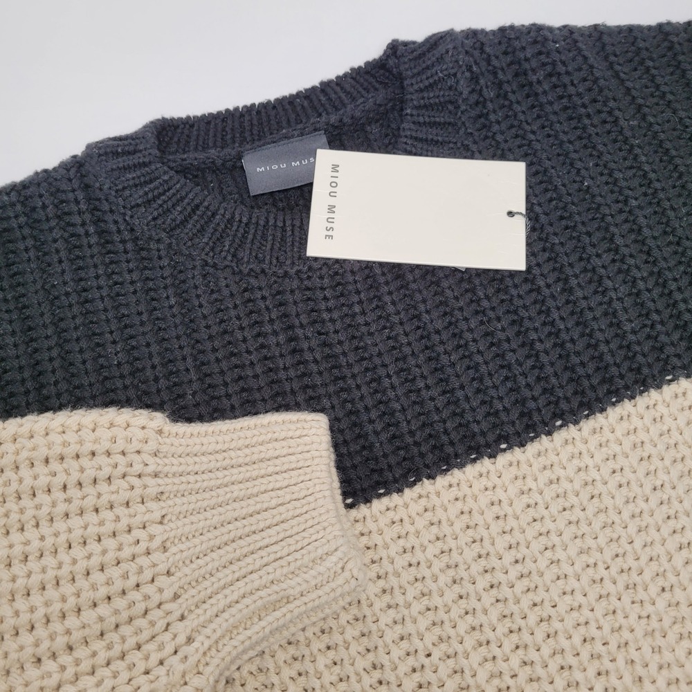 Miou Muse Colorblock Sweater Womens Large Black Cream NWT T2724 Chunky Knit